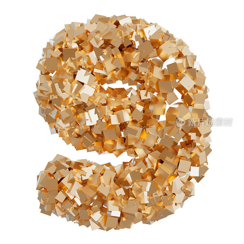 Golden number nine, isolated on white background. Symbol 9, made from shiny gold particles. Trendy, luxury, modern design element. Cut out object. Anniversary or ninth birthday. Special event. 3D.